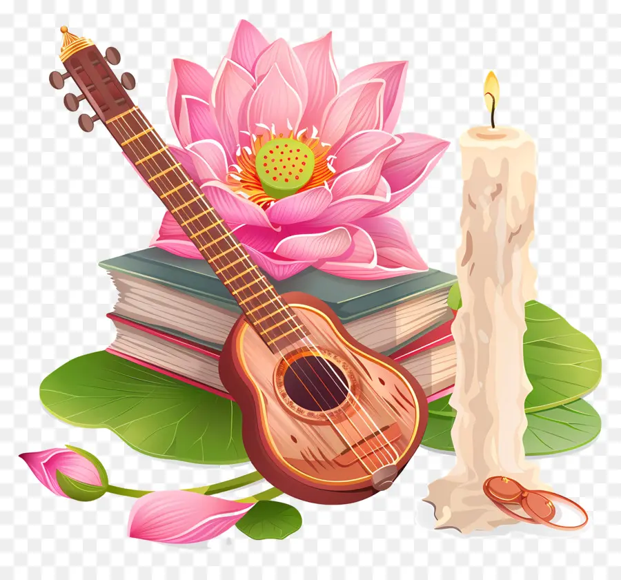 Saraswathi Puja'sı，Gitar Ve Lotus PNG