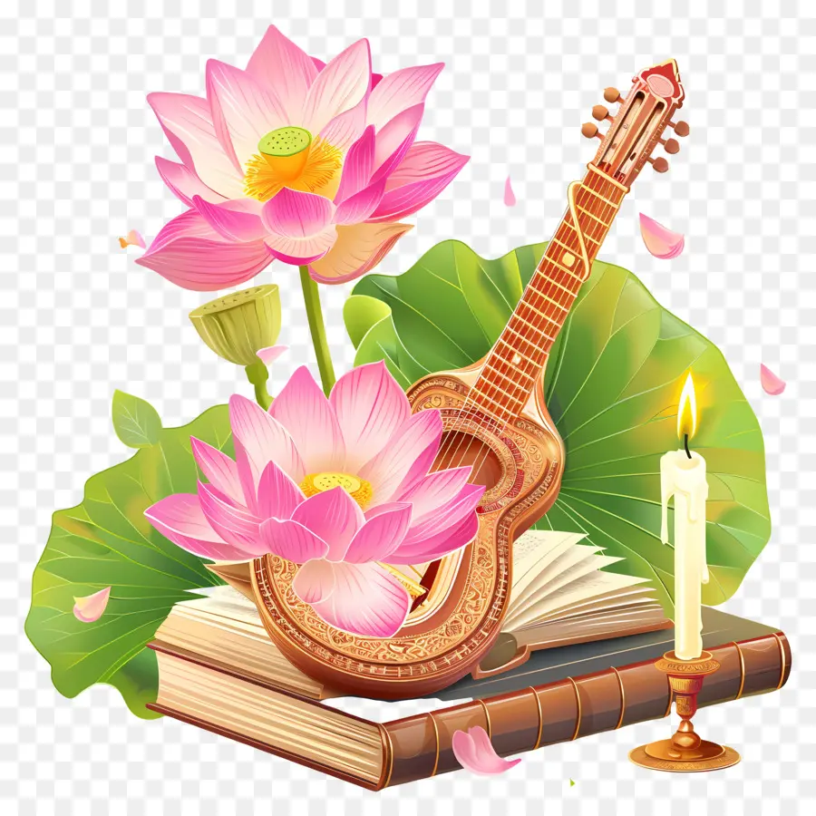 Saraswathi Puja'sı，Gitar Ve Lotus PNG