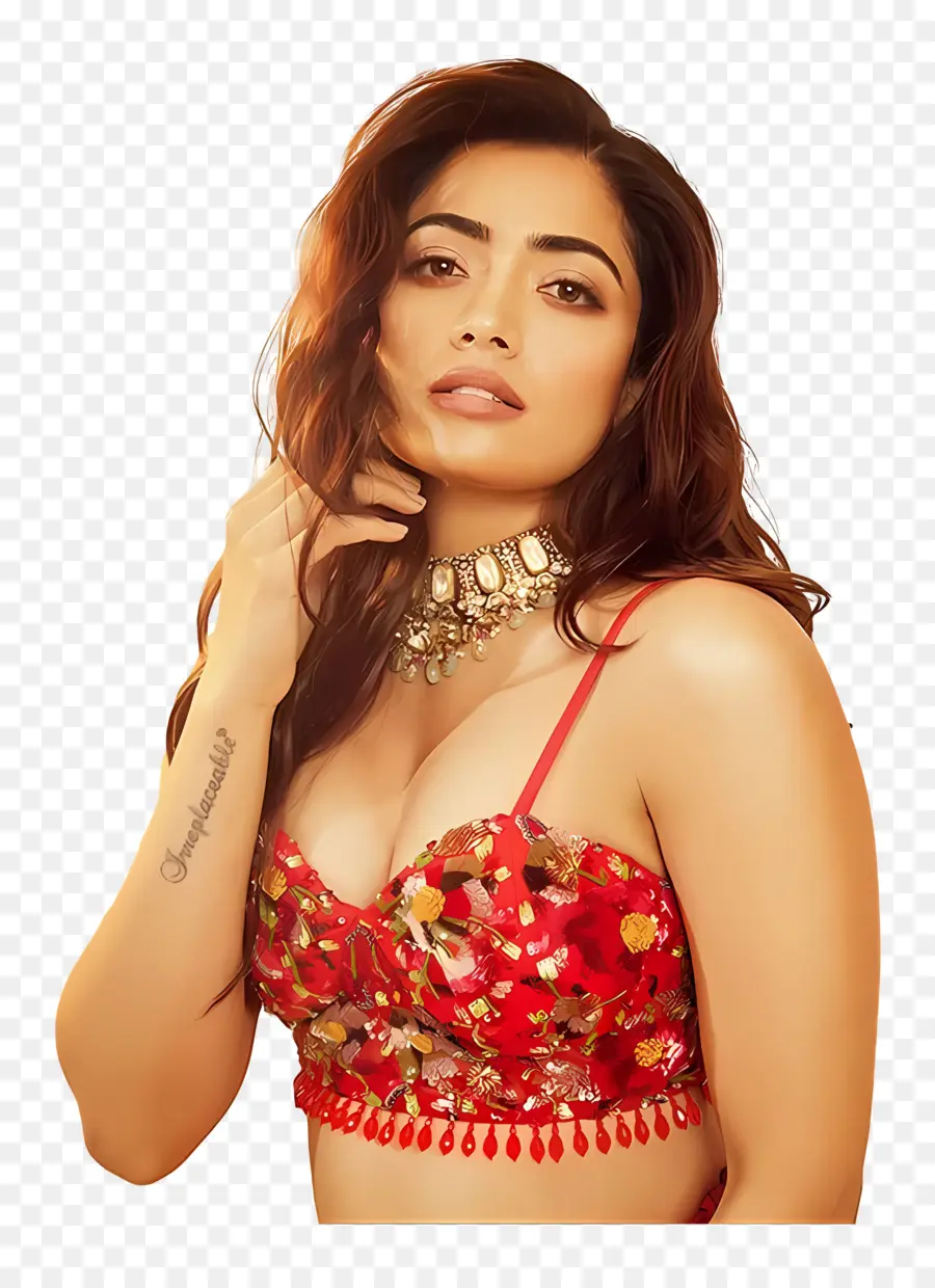 Rashmika Mandanna，Kırmızı Çiçekli Kıyafet PNG