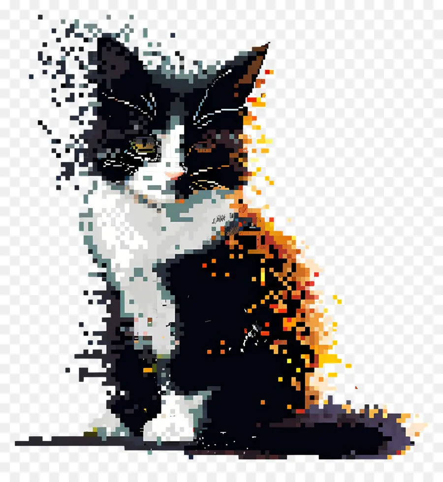 Piksel Kedi，Pikselleştirilmiş Siyah Beyaz Kedi PNG