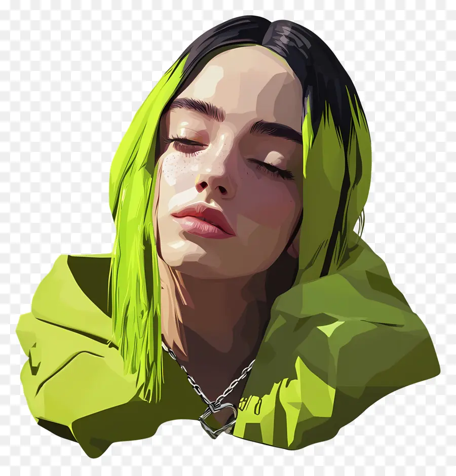 Billie Eilish，Yeşil Saçlı Stilize Portre PNG