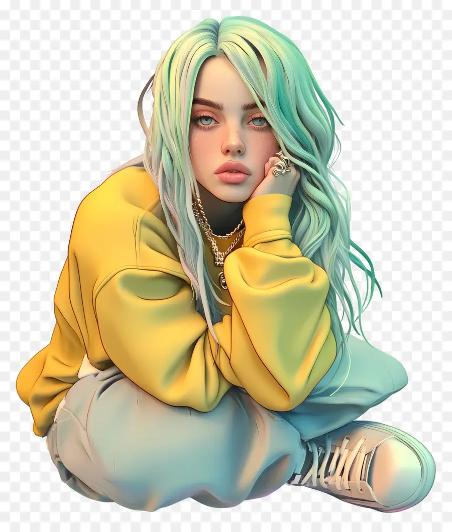 Billie Eilish，Renkli Saçlı 3d Karakter PNG