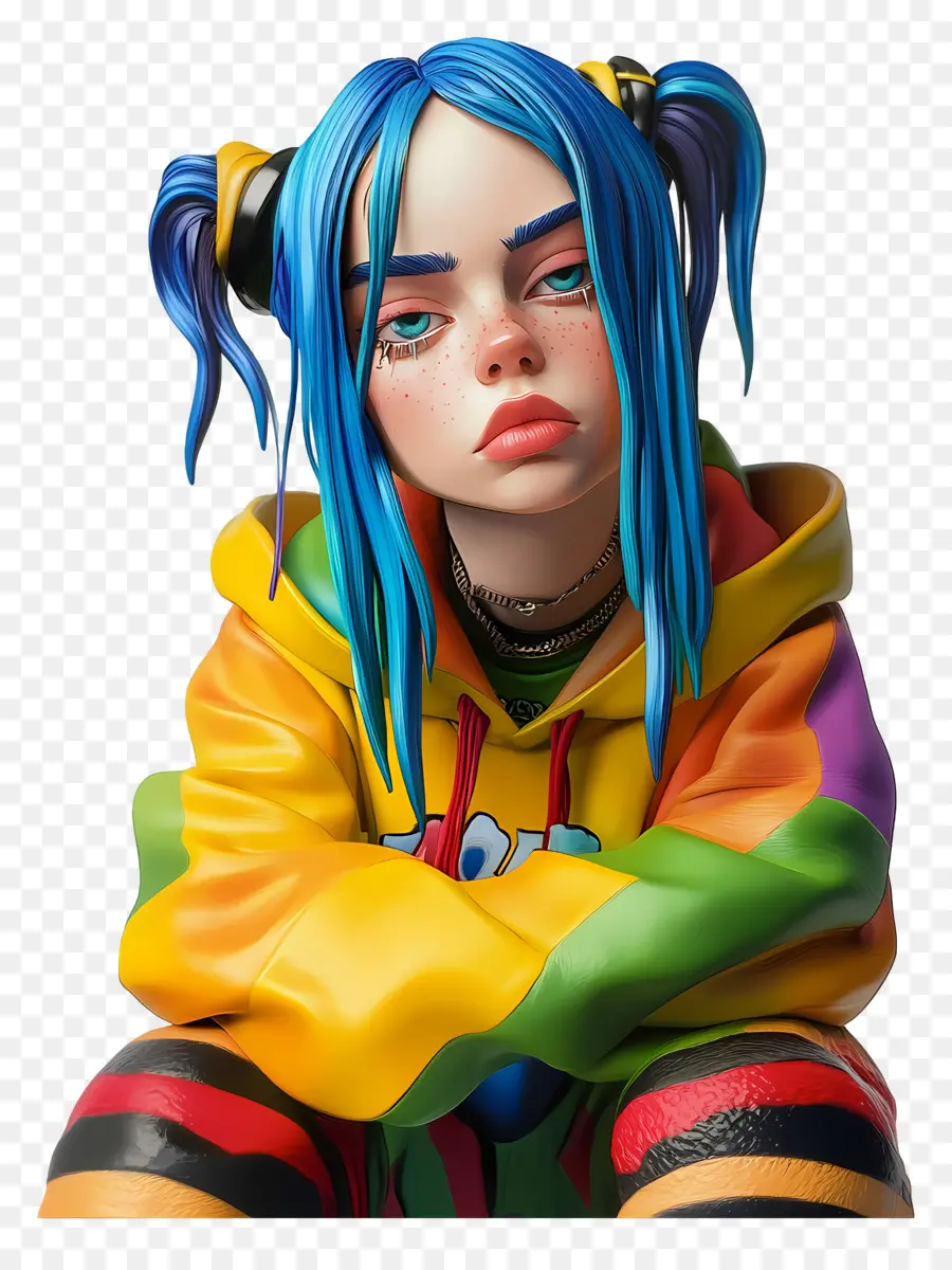 Billie Eilish，Mavi Saçlı 3d Karakter PNG