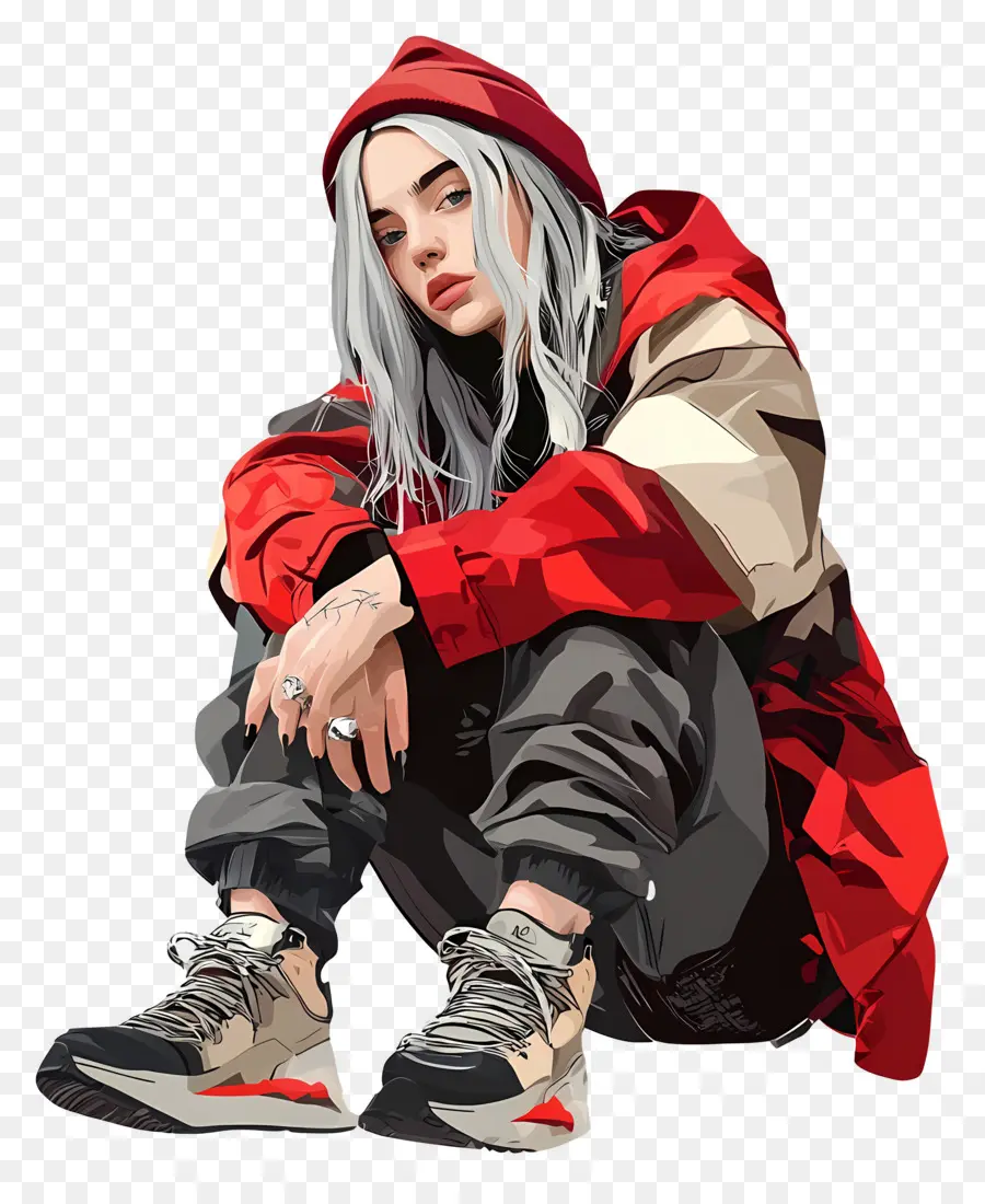 Billie Eilish，Kırmızılı Oturan Karakter PNG