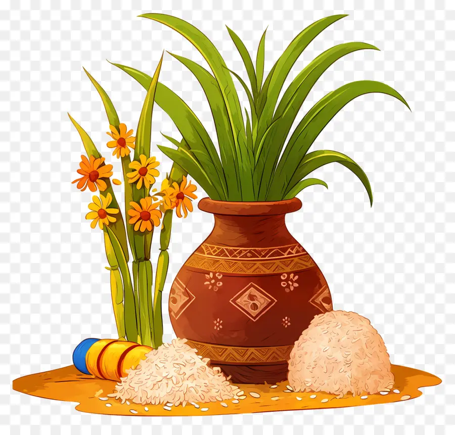 Pongal Saksı，Bitkilerle Süslenmiş Dekoratif Saksı PNG