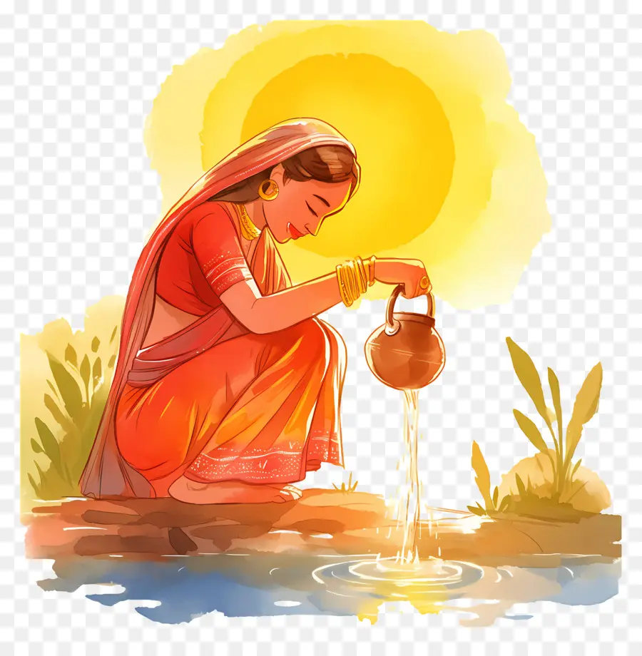 Chhath Puja，Kadın Su Döküyor PNG