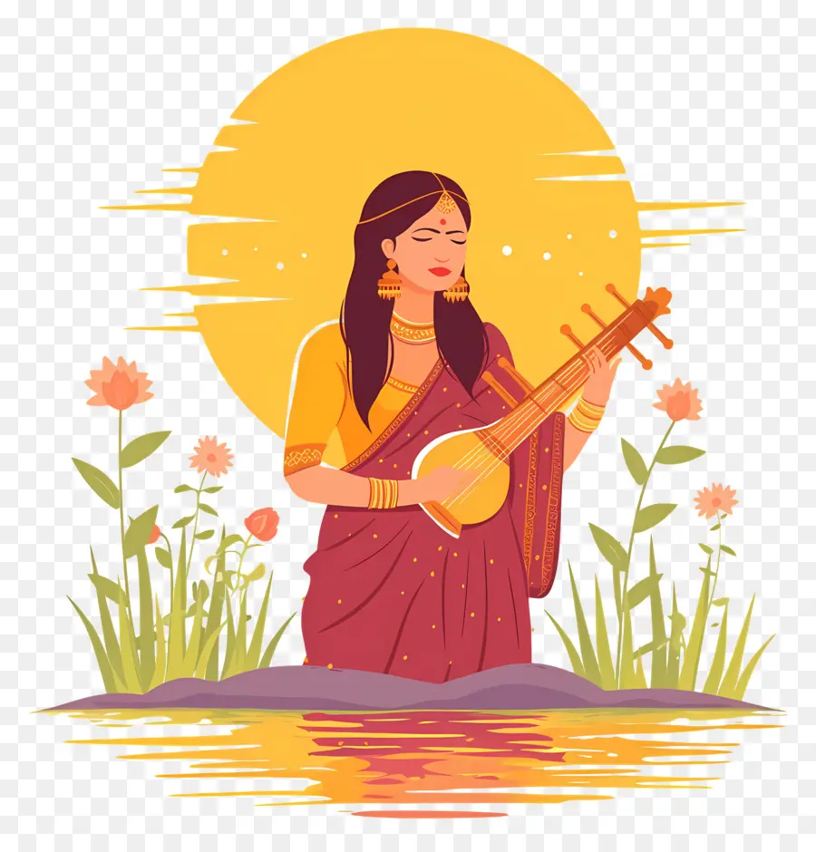 Chhath Puja，Müzik Aleti Olan Kadın PNG