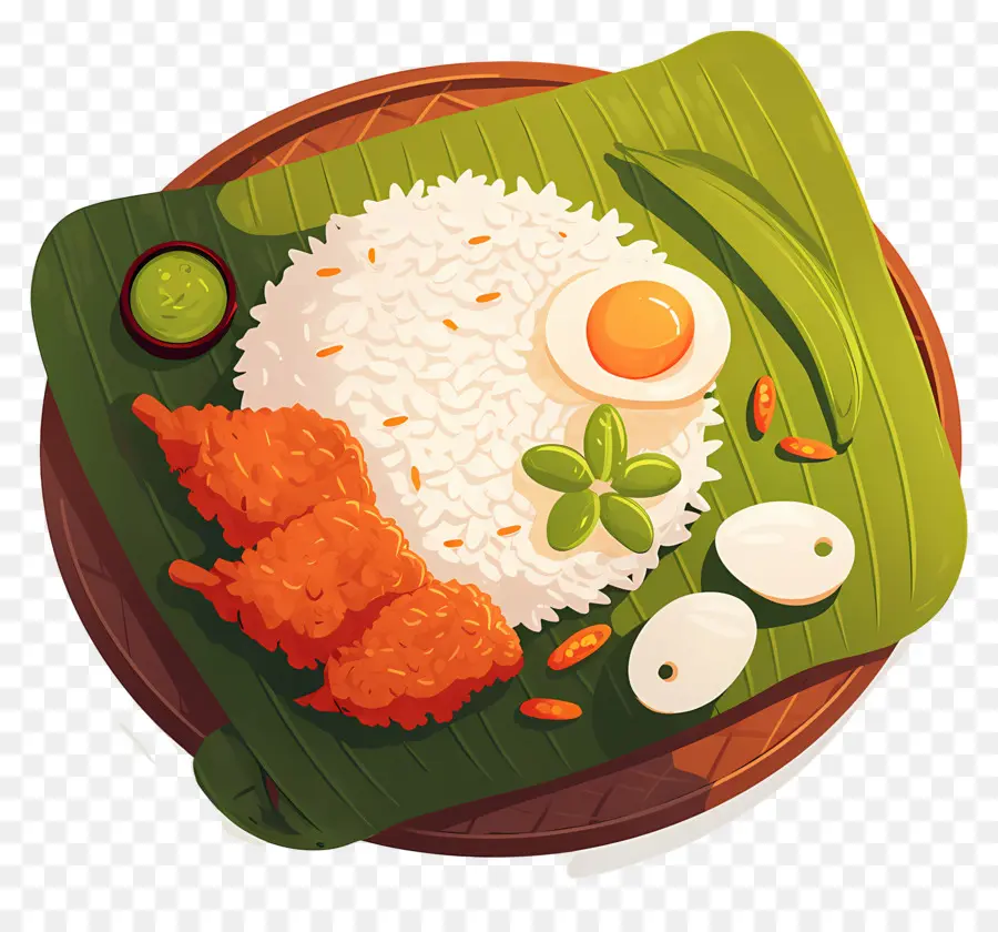 Nasi Lemak，Muz Yaprağı Üzerinde Pilav Ve Tavuk PNG