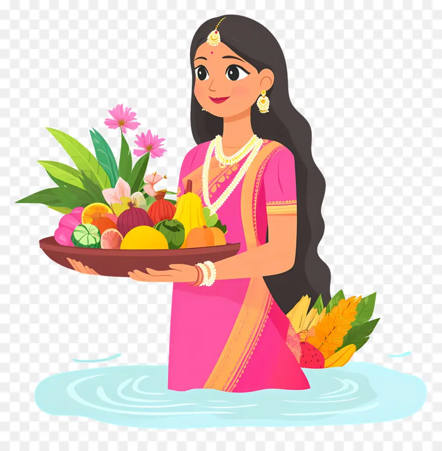 Chhath Puja，Teklifleri Ile Geleneksel Kıyafetli Kadın PNG