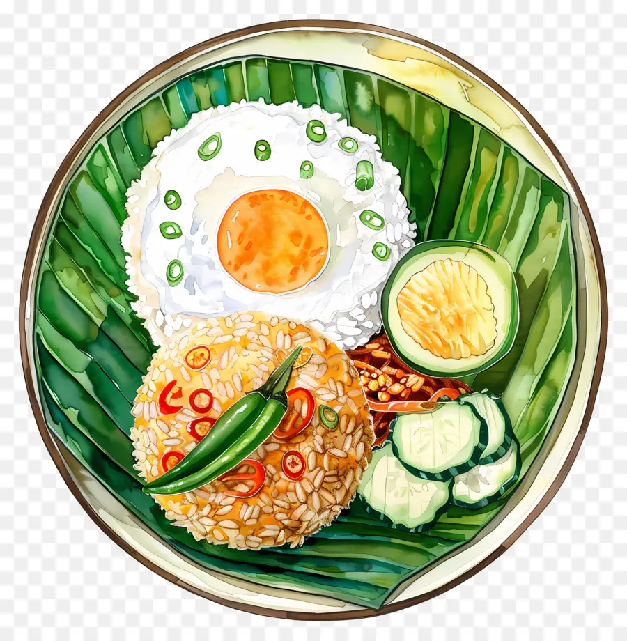 Nasi Goreng，Muz Yaprağı Üzerinde Pirinç Ve Yumurta PNG